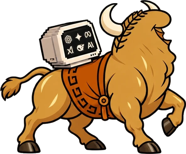 The emperor as a bull in a toga harness, carrying a monitor on his back